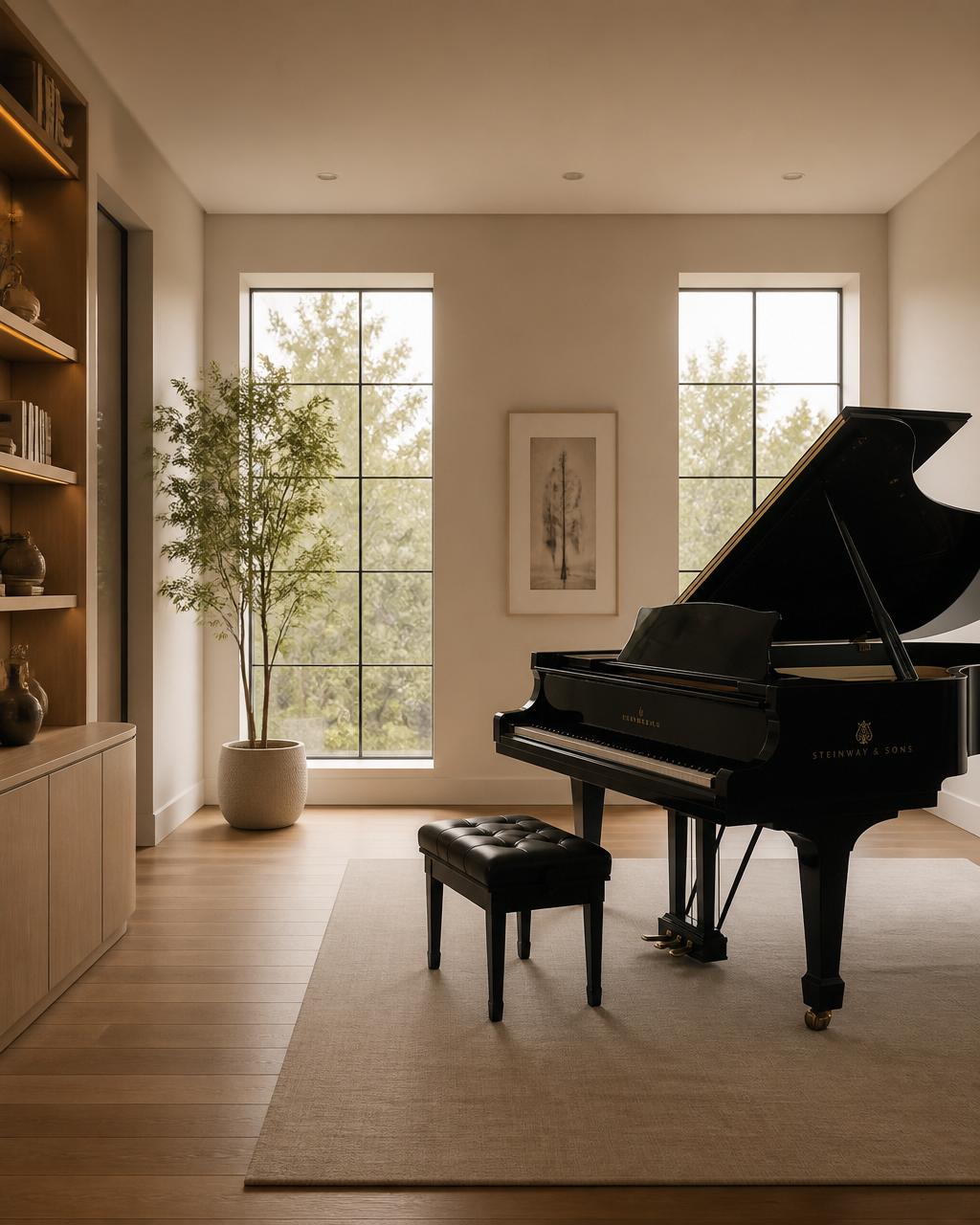 A warm, minimalist piano studio with a grand piano and large windows