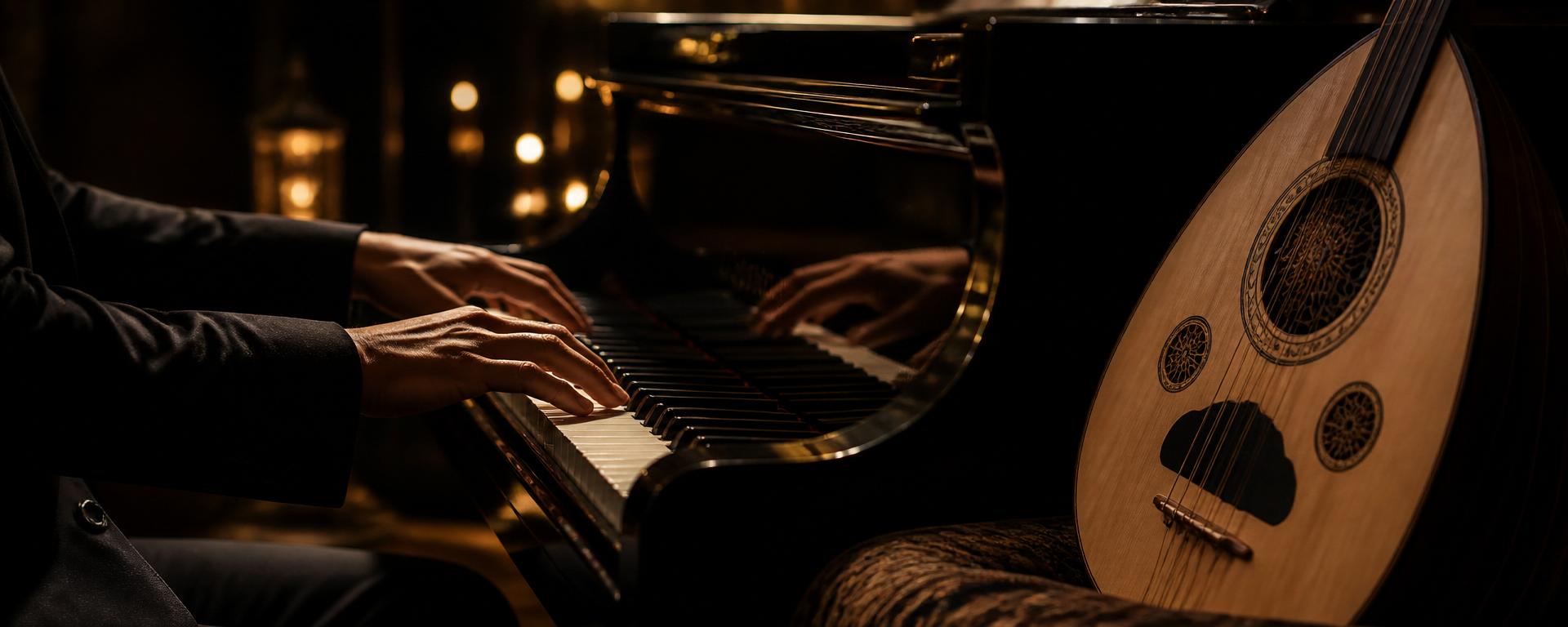 Piano and Oud instruments in warm stage lighting